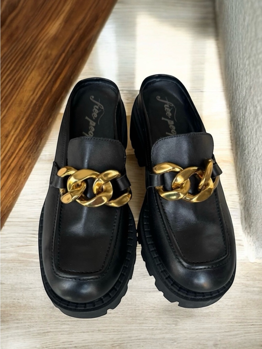 Free People Lyra Link Loafers Mules Black Leather Lug Sole